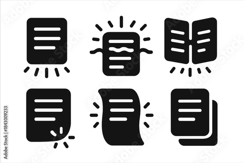 Illuminated Manuscript Icons. Solid style icons of illuminated text: radiant manuscript lines, glowing ink trails, shimmering page