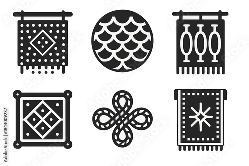 Symbolic Craft Icons. Solid style icons of symbolic craft: carved bead tapestry, shell-knit mat, thread-loop panel, patterned
