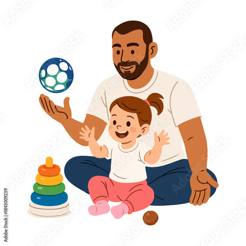 Little Girl Happily Playing With Her Toy Under The Supervision Of Her Loving Father.