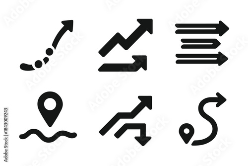 Dynamic Motion Icons. Solid style icons of motion strategy: dynamic path curve, adaptive route arrow, shifting travel beam,