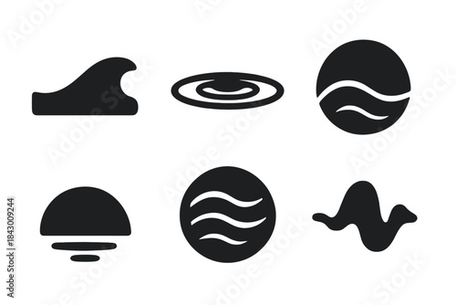 Emotional Depth Icons. Solid style icons of emotional depth: melancholic wave symbol, somber ripple emblem, shaded harmony crest,