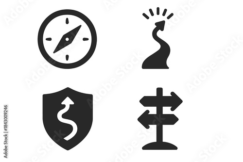 Visionary Exploration Icons. Solid style icons of visionary exploration: pioneering compass emblem, radiant path shift, glowing