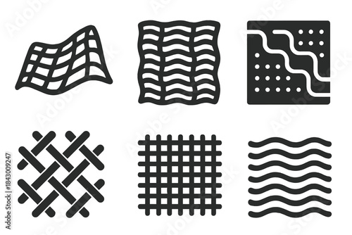 Geometric Mesh Patterns. Solid style icons of abstract design: geometric mesh cloth, rhythmic grid fabric, patterned route square,