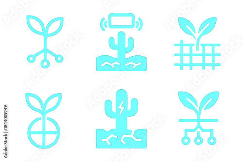 Futuristic Eco Icons. Solid style icons of futuristic ecology: neon flora circuit, glowing desert sensor line, radiant plant tech