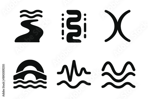 Meditative Motion Icons. Solid style icons of meditative motion: flowing calm channel, rhythmic focus stream, centered vibration