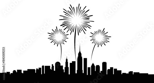 Black and white vector silhouette of city skyline with fireworks for New Year celebration background and holiday design use