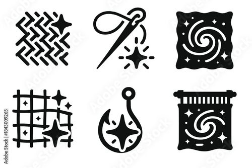 Cosmic Weave Icons. Solid style icons of cosmic creation: celestial fabric weave, stellar glow thread, galactic textile pattern,