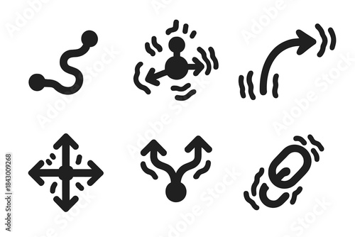Emotional Travel Icons. Solid style icons of emotional motion: restless route path, agitated travel hub, anxious direction arc,