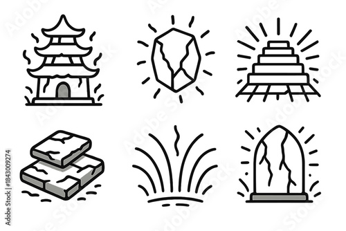 Ethereal Pagoda Icon. Line style icons of time-worn spectral pagoda: layered roof, glowing edges, cracked prism, radiant stairs,