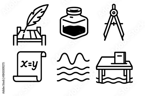 Mathematical Writing Icons. Line style icons of writing dock mathematics: quill on pier, ink bottle, ratio compass, equation