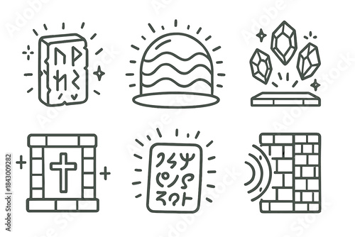 Mystical Barrier Icons. Line style icons of humming bulwark: glowing runes, oscillating barrier, energy stones, sacred wall,