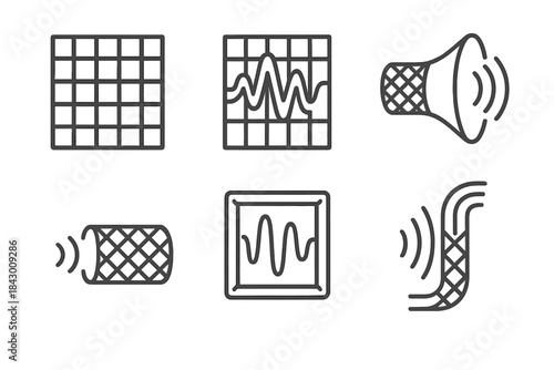Lattice Sound Icons. Line style icons of lattice sound channel: mesh pathway, sound wave grid, auditory funnel, patterned conduit,