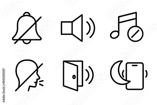Dim Wailing Icons. Line style icons of dim wailing offer: muted ring, low wave, obscured tone, hidden voice, closing echo, night
