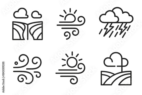 Wind-Split Field Icons. Line style icons of wind-split field of curiosities: airy gap, luminous breeze, twin storms, curious arcs,