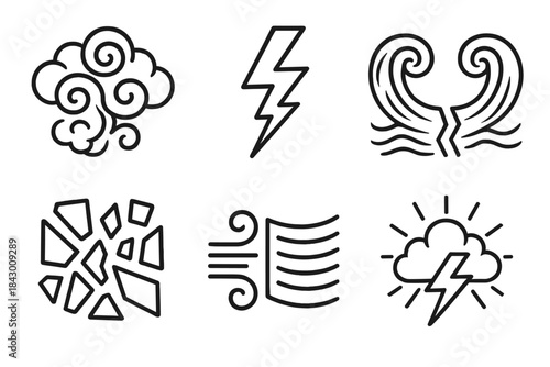 Stormy Curiosity Icons. Line style icons of stormy divide of curiosities: swirling clouds, split lightning, divided wave, curious