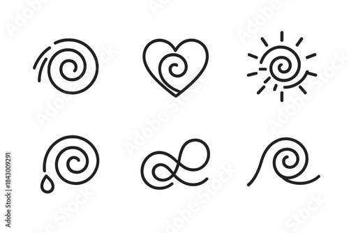 Vortex of Commitment Icons. Line style icons of advancing vortex of commitment: dynamic circle, devotion current, radiant spiral,