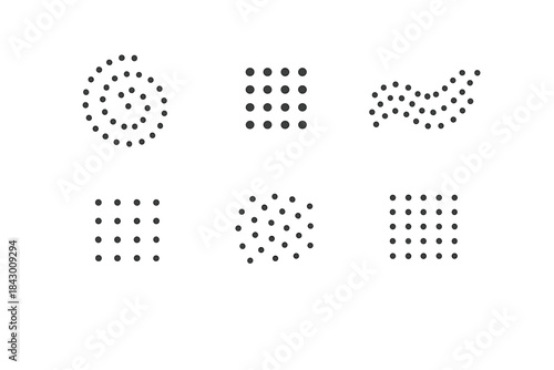 Speck Gathering Patterns. Line style icons of speck gathering patterns: dotted swirl, clustered grid, particle wave, ordered