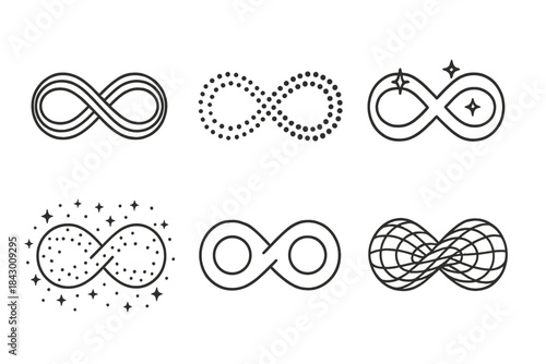 Cosmic Dot Formations. Line style icons of infinite dot formations: layered curves, assembled particles, glowing points, cosmic