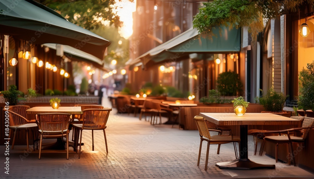 Fototapeta premium charming outdoor cafe scene with cozy ambiance warm lighting wooden tables and urban street atmosphere ideal for socializing and relaxation in a modern city