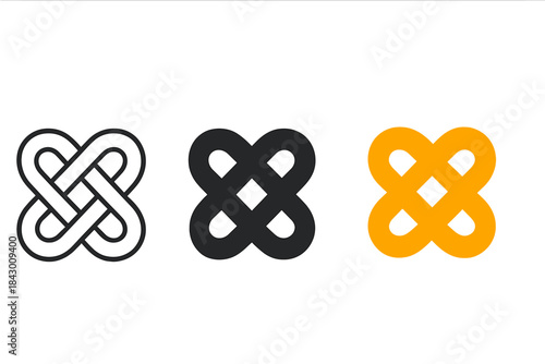 Braided Knot Icons. three minimal vector icons of continuous braided knot symbolizing mutual formation and theory flow, line