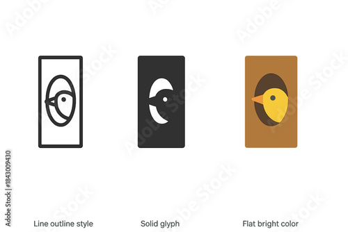 Bird Nest Icons. three minimal vector icons of a bird peeking from a tree cavity nest symbolizing a nature chronicle, line outline