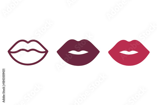 Minimal Lip Icons. three minimal vector icons of lips tinted naturally with berry stain color, line outline style, solid glyph