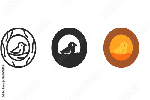 Bird Nest Iconography. three minimal vector icons of a bird’s nest chronicle represented inside a circular hollow tree form, line