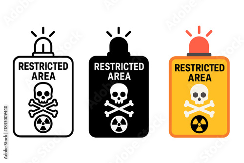Radiation Danger Signs. Restricted area sign with skull emblem, radiation icon, and blinking alert, first in line style with thin