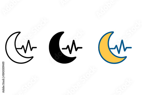 Balanced Sleep Symbols. Crescent moon combined with rhythmic pulse wave symbolizing balanced sleep rhythm, first in line style