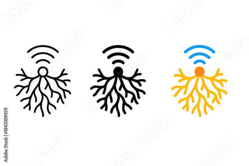 Mycelium Signal Network. Network of mycelium strands radiating signal waves outward from central hub, first in line style with