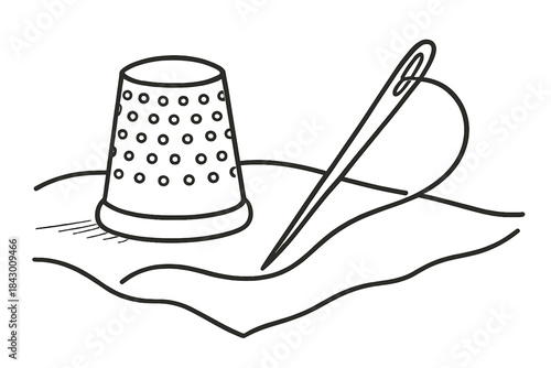 Sewing Tools Illustration. Close-up of thimble and needle resting on fabric with gently curved thread line, first in line style