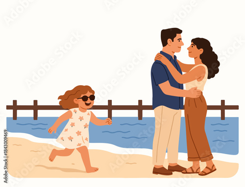A Peaceful Family Moment On The Beach. A Loving Couple And Their Cheerful Daughter.