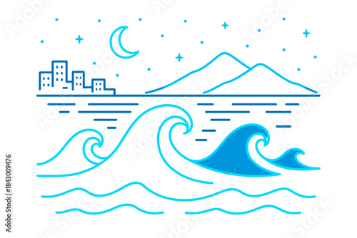 Geometric Turquoise Waves. Nighttime bay illustration with bright turquoise lights outlining wave geometry, first in line style