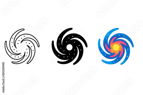 Spiral Galaxy Variations. Abstract spiral galaxy portrait showing rotational symmetry and luminous core, first in line style with