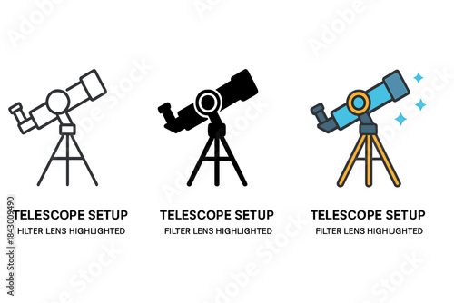 Telescope Lens Diagram. Telescope setup diagram with filter lens highlighted for stargazing optimization, first in line style with