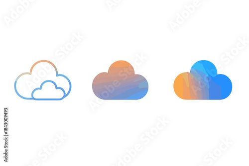 Minimalist Cloud Icons. Minimalist cloud cluster icon showing gradient transition between warm and cool tones, first in line style