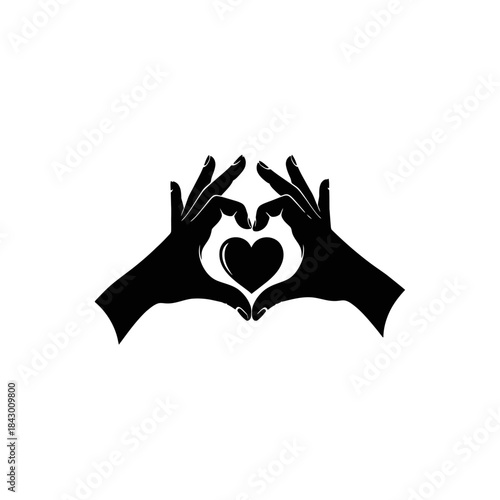 Two black silhouette hands forming a heart shape with a smaller heart icon inside, isolated on a white background.