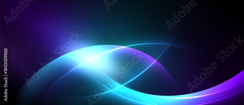 Abstract design features vibrant curves, luminous glow, dark background. Smooth lines create dynamic energy, modern aesthetic.