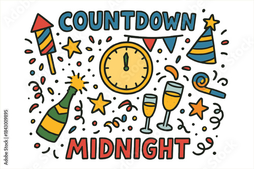 New year celebrations flat icon set. featuring clock, fireworks, champagne, party hat, and confetti symbols