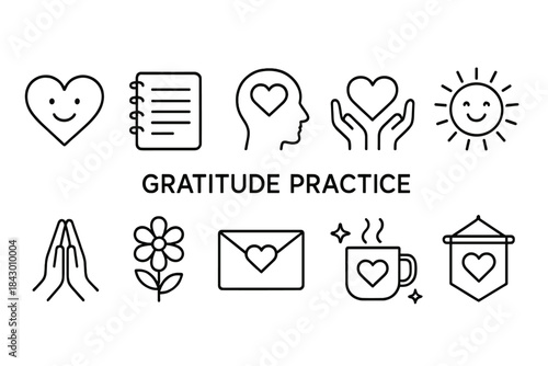 Gratitude practice linear icon set. featuring heart, journal, mind, hands, sun, prayer, flower, envelope, mug, banner symbols