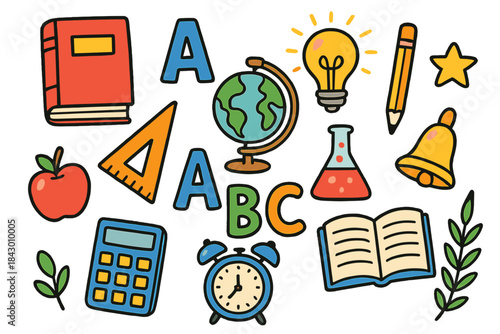 School equipment flat icon set. featuring book, apple, ruler, globe, lightbulb, flask, pencil, calculator, bell