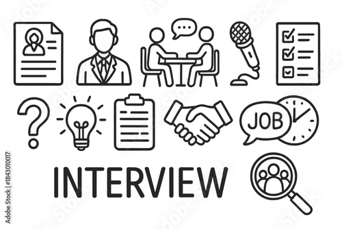 Interview preparation linear icon set. featuring resume, candidate, meeting, microphone, checklist, and handshake symbols