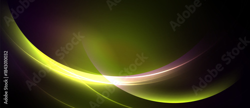 Abstract design features curved lines, vibrant colors. Green, purple hues blend into dark background. Light radiates from central point.