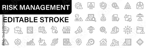Set of 36 line icons related to Risk Management, warning, alarm, risk analysis, minimization losses, investment, low cost, risk, plan, strategy and more. Editable stroke. Vector illustration