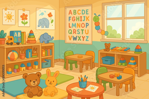 Classroom flat icon set. featuring alphabet, numbers, teddy bear, blocks, books, and puzzles