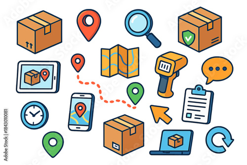 Logistics and delivery flat icon set. featuring boxes, map, gps, scanner, tablet, and online tracking