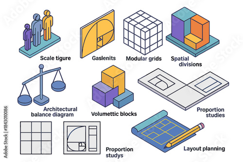 Architectural design flat icons set. featuring scale figure, grids, spatial divisions, balance, volumetric blocks, plans