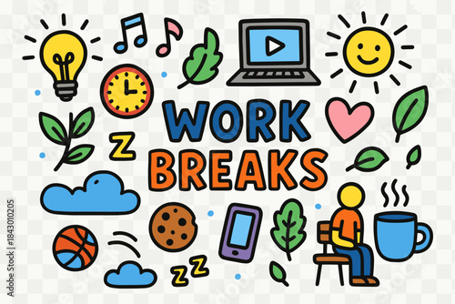 Work breaks flat icon set. featuring coffee, laptop, music, nap, basketball, relaxation, and snack symbols