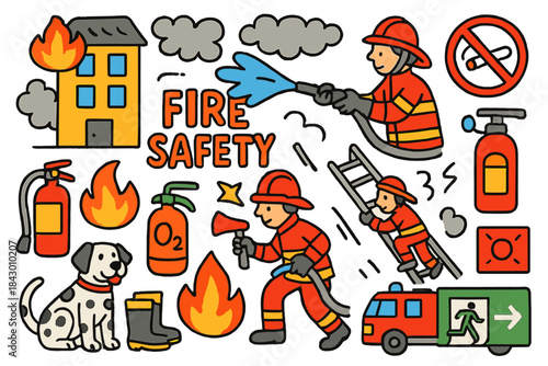 Fire safety flat icon set. featuring firefighter, fire extinguisher, alarm, helmet, truck, and exit symbols