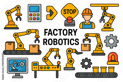 Factory robotics flat icon set. featuring robotic arm, conveyor belt, engineer, stop button, and gears